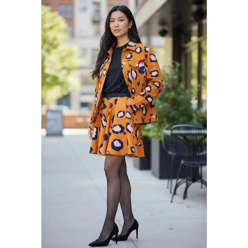 Women's Orange Leopard‎ Cheetah Print Blazer and Flare Skirt Set Size SM/6